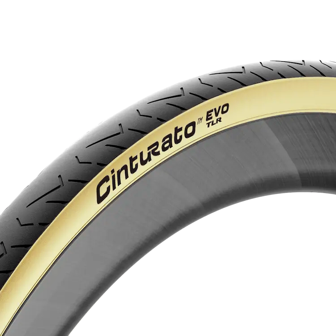 Pneu de bicicleta de estrada e gravel Pirelli Cinturato EVO Tubeless Ready versão Retro (bege) visto de frente em fundo branco.