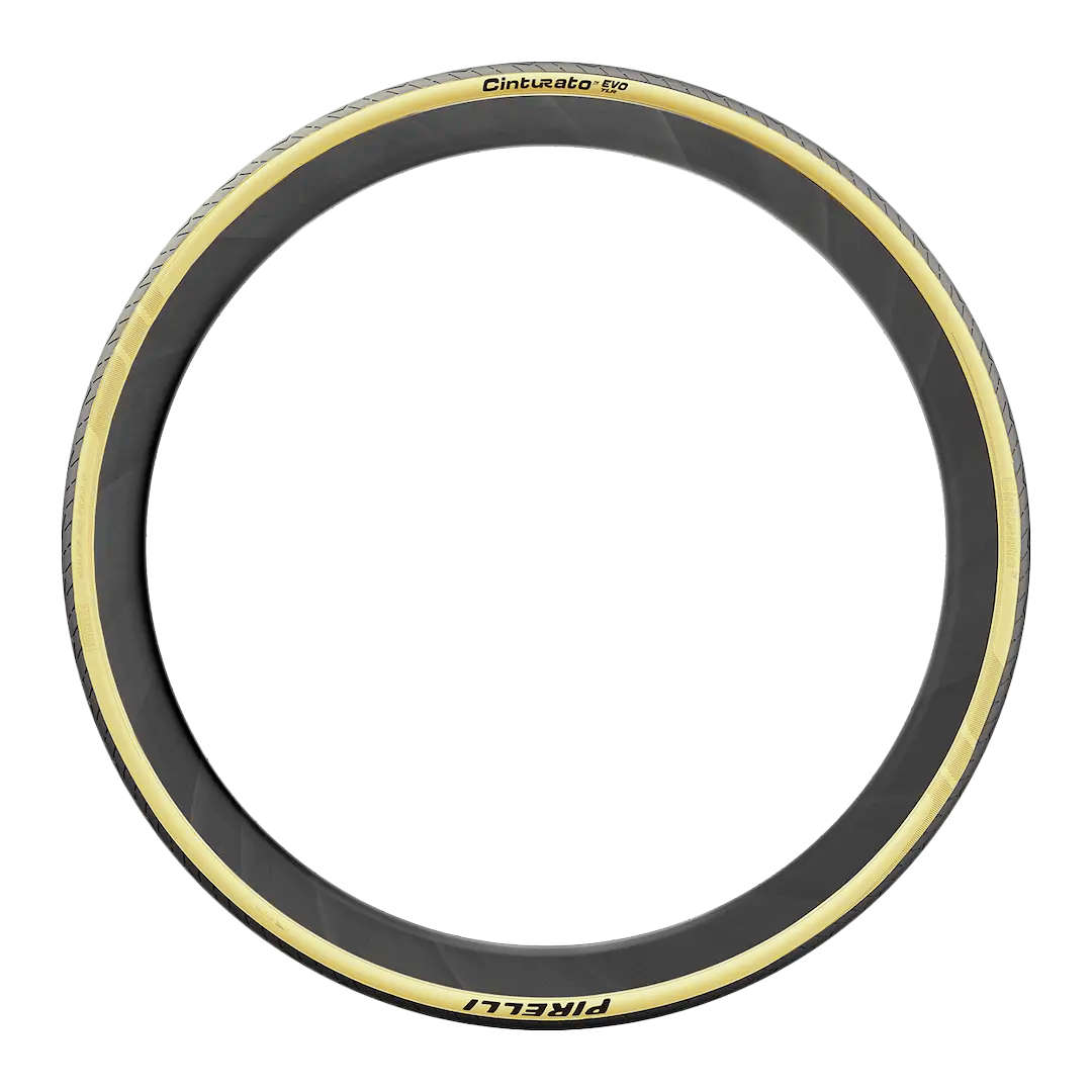Pneu de bicicleta de estrada e gravel Pirelli Cinturato EVO Tubeless Ready versão Retro (bege) visto de lado em fundo branco.