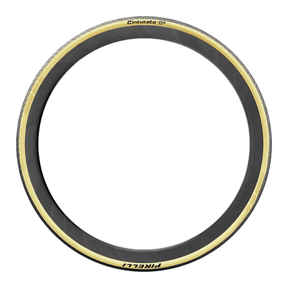 Pneu de bicicleta de estrada e gravel Pirelli Cinturato EVO Tubeless Ready versão Retro (bege) visto de lado em fundo branco.