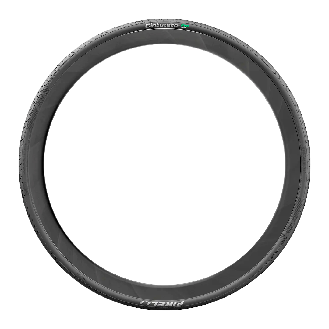 Pneu de bicicleta de estrada e gravel Pirelli Cinturato EVO Tubeless Ready visto de lado em fundo branco.